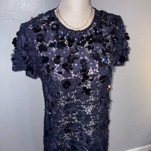 Michael Kors Navy Floral Lace embroidered short dress sheer